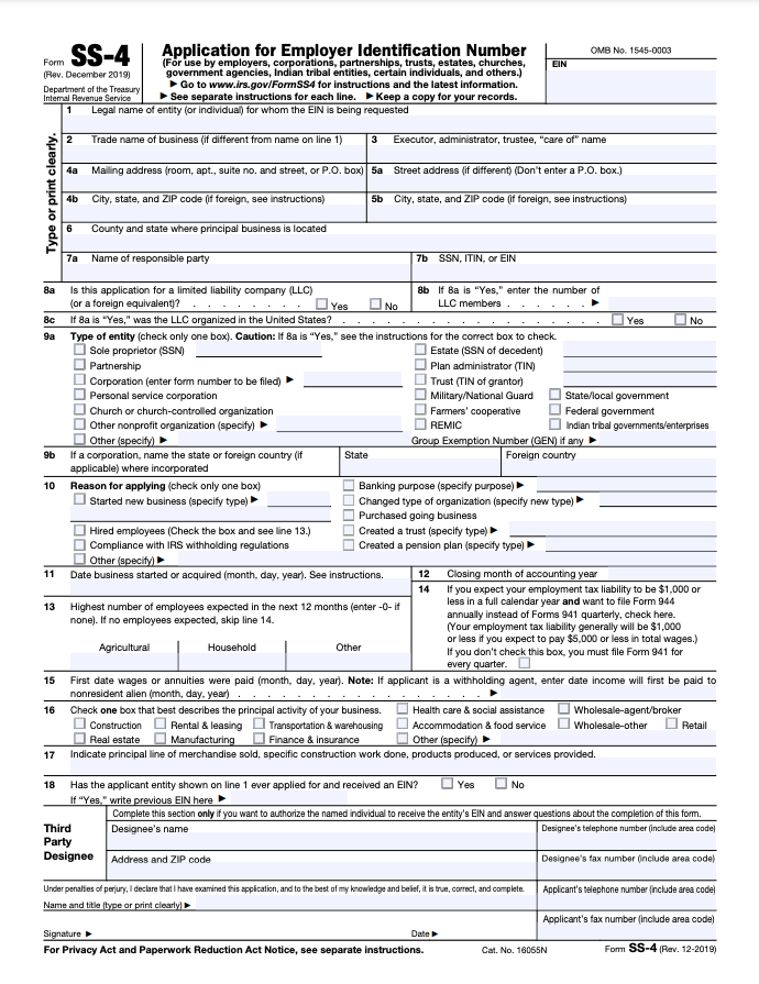 IRS form SS-4 to apply for an employer identification number (EIN)
