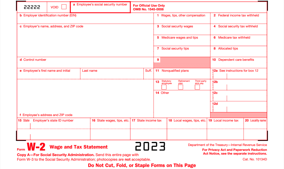 Copy A of Form W-2 with red print filed with the Social Security Administration