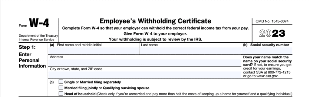 Top section of IRS Form W-4 for employees to include personal information