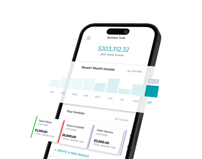 The Lili mobile app showcasing Lili's accounting software, including income insights and business invoices